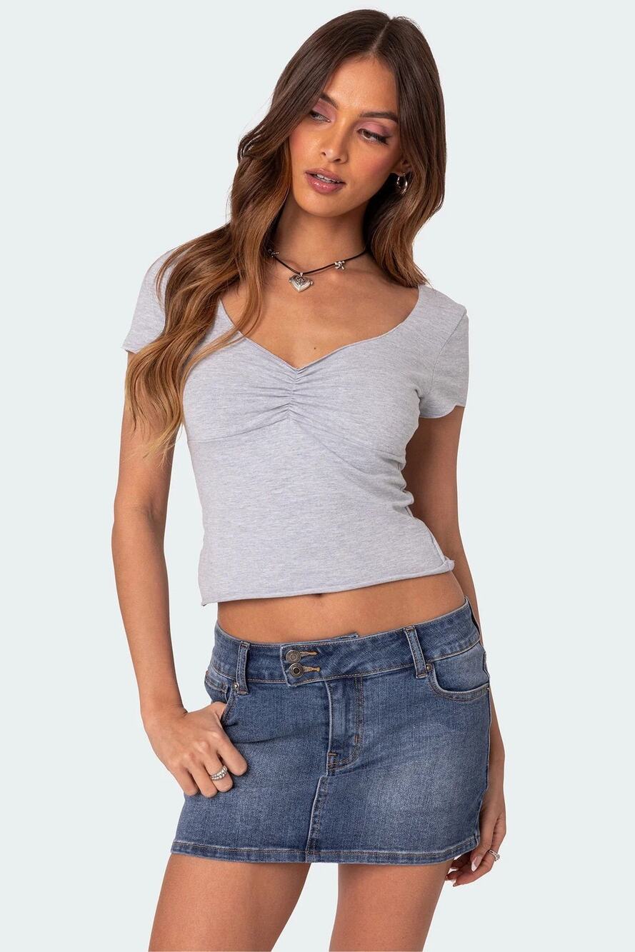 Edikted Gray Ruched V Neck Fitted Crop Top Size Large